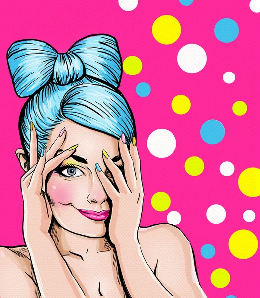Pop Art illustration of blue head girl on pink background.Pop Art girl. Party invitation. Birthday greeting card. Advertising poster. Comic woman. Romantic girl hiding her face. Cute girl flirting.