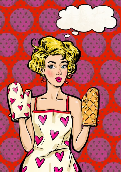 Pop Art girl in apron  and oven mitts with the speech bubble. Pop Art girl. Housewife  in apron and oven mitts. Birthday greeting card. Vintage advertising poster. Comic woman with speech bubble. Sexy