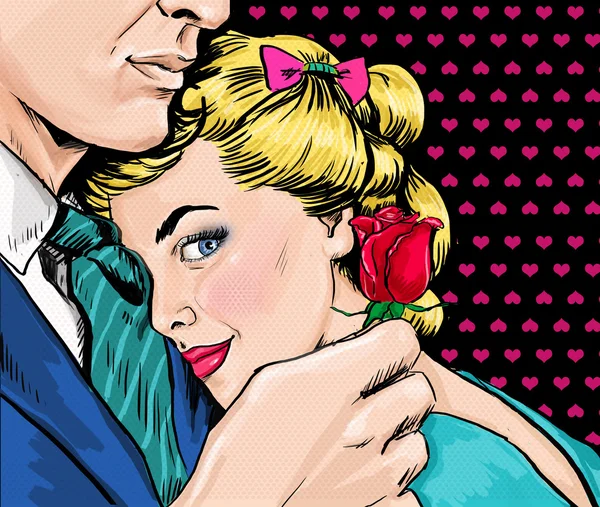 Pop Art couple. Love couple. Pop Art love. Valentines day postcard. Hollywood movie scene. Real love. First kiss. Movie poster. Comic book love. Rose flower. Woman and man. I love you. Miss you. Lover