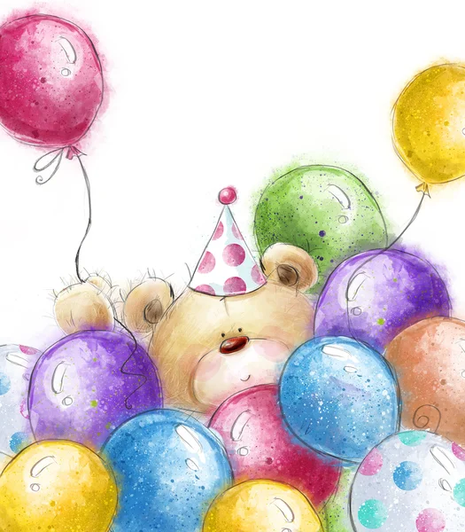 Cute Teddy bear with the colorful balloons.Background with bear and balloons.Birthday greeting card. Party invitation. Party balloons.