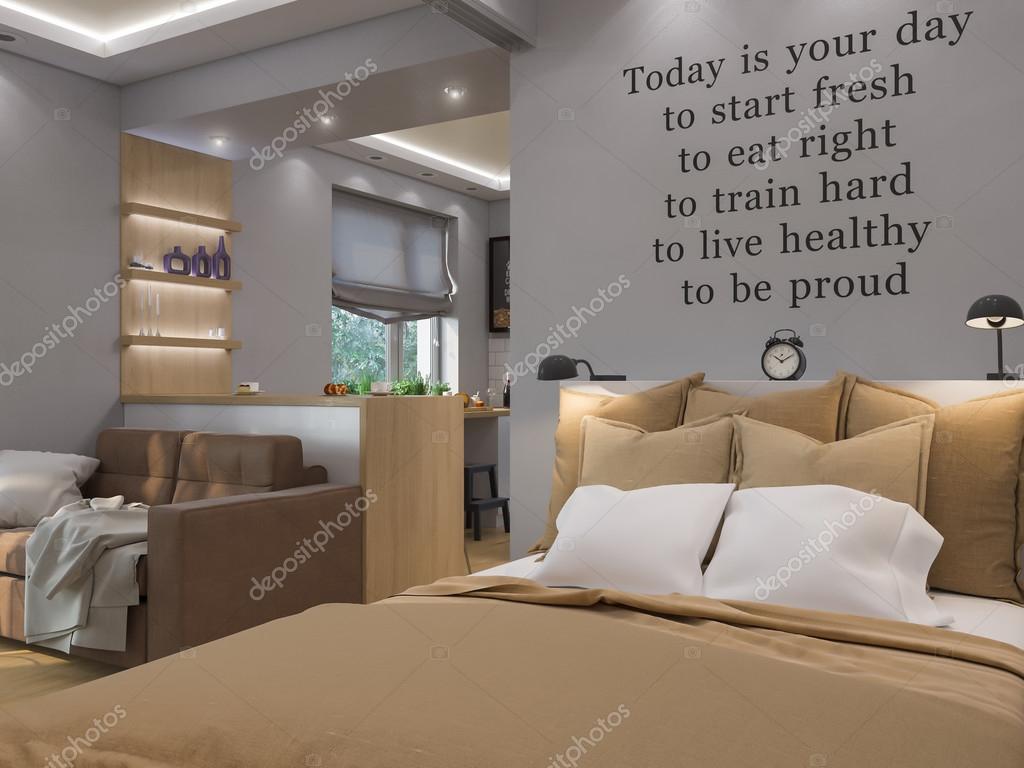 3d rendering soggiorno, camera da letto e cucina interior design ...
