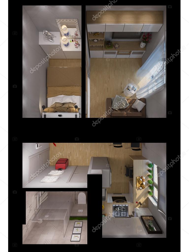 3d rendering vardagsrum, kök, hall, sovrum, badrum inter ...