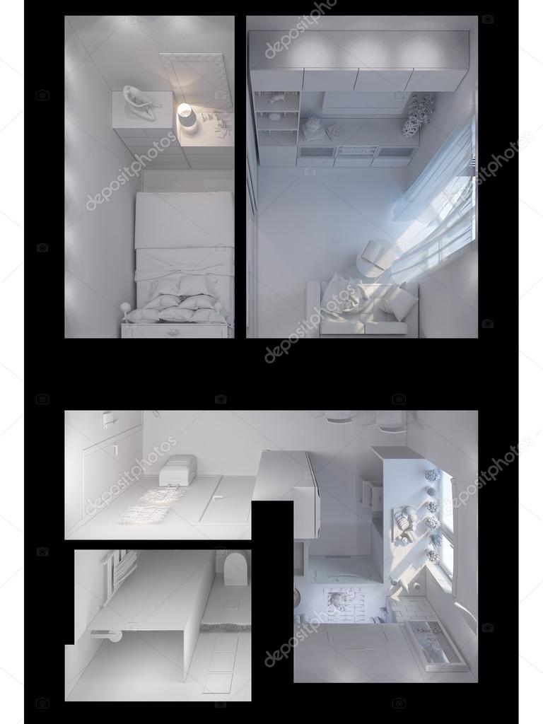 3d rendering vardagsrum, kök, hall, sovrum, badrum inter ...