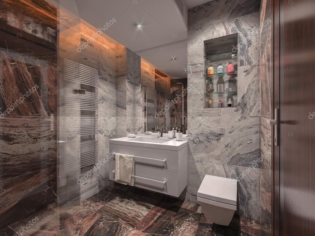 Salle de bains en pierre grise et marron avec salle de bain blanc ...