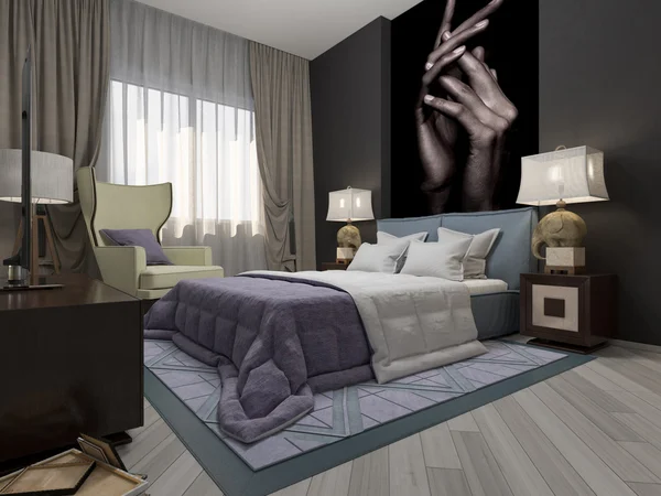 3d illustration bedroom art deco in violet tones