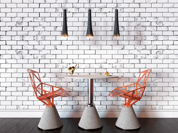 3D illustration of a table and chairs of cafe against a brick wall with three lamps