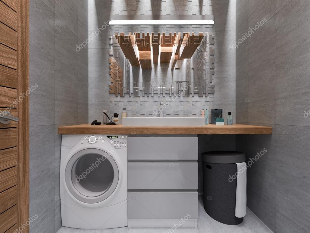 3d visualisering av ett badrum i en grå sten och en mosaik ...