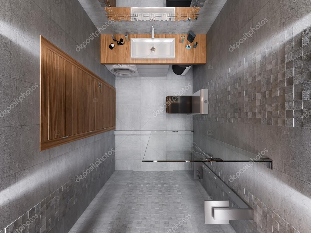3d visualisatie van een badkamer in een grijze steen en een ... Stenen muur houten plafond