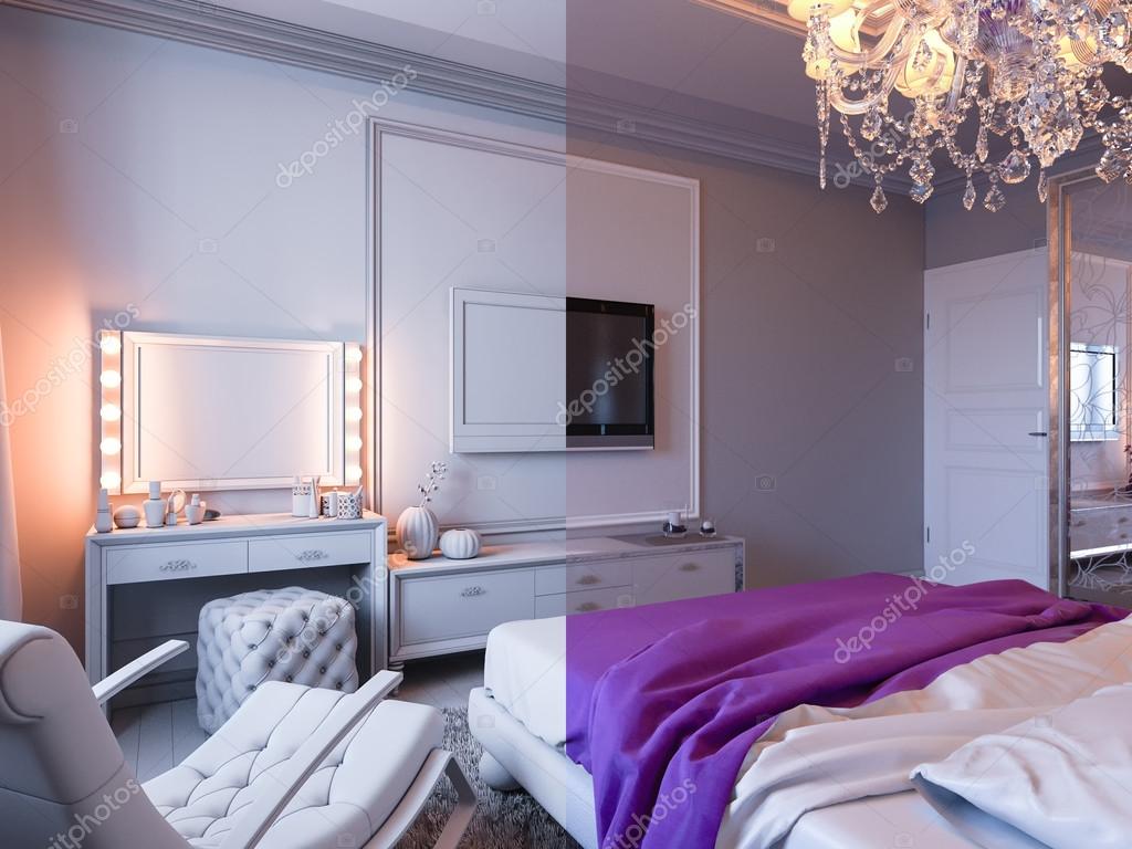 Sovrum i grÃ¥ toner med lila säng — stockfotografi © iriana88w ...