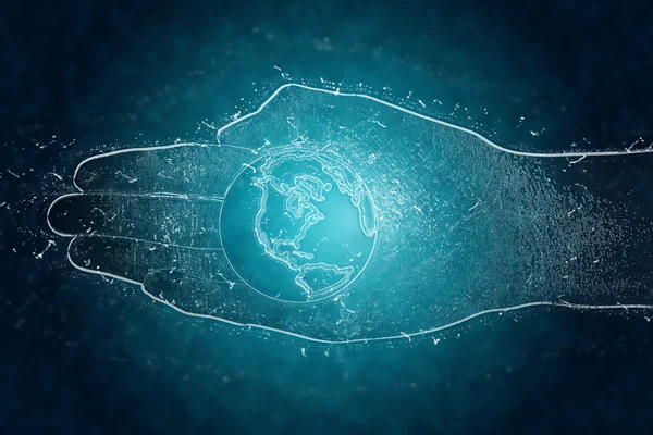 Illustration of a palm of a hand on which mother Earth made of ice on a turquoise background