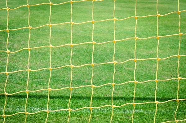Goal net with green football field background