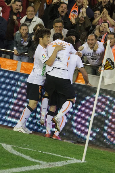 David Villa	, Juan Manuel Mata and David Silva celebrating a goal