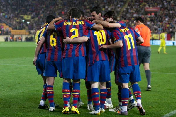 Barcelona players celebrate goal