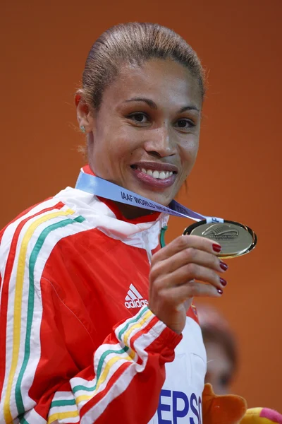Naide Gomes celebrates the winning a gold medal at the Women\'s long jump
