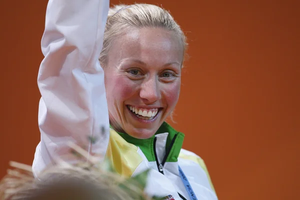 Tamsyn Lewis celebrates the winning a gold medal in  Women\'s 800 metres