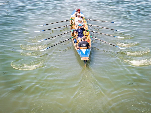 Female crew is training on a rowing boat in venice canal.