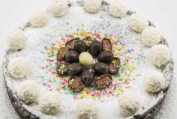 Ricotta and chocolate cake decorated with chocolate eggs