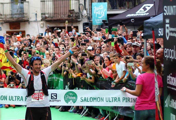 Baga village, Spain - September 19th of 2015: All times best worldwide trail runner, Mr. Kilian Jornet, celebrates his first position on the final race of the Sky Runner World Series