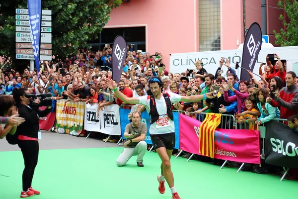 Baga village, Spain - September 19th of 2015: All times best worldwide trail runner, Mr. Kilian Jornet, celebrates his first position on the final race of the Sky Runner World Series.