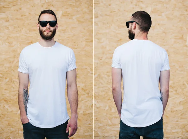 Hipster wearing white blank t-shirt with space for your logo