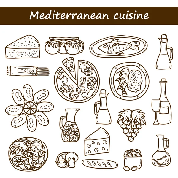 Set of cute hand drawn cartoon objects on mediterranean cuisine theme:  tomato, pasta, wine, cheese, olive, Ethnic food travel concept. Great for restaurant  menu, card, site - Stock Image - Everypixel