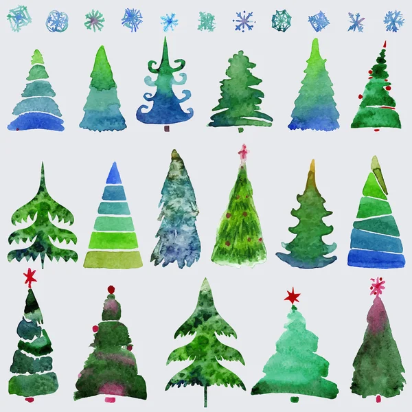 Christmas trees  and snowflake  set of holidays hand drawn paint winter season.