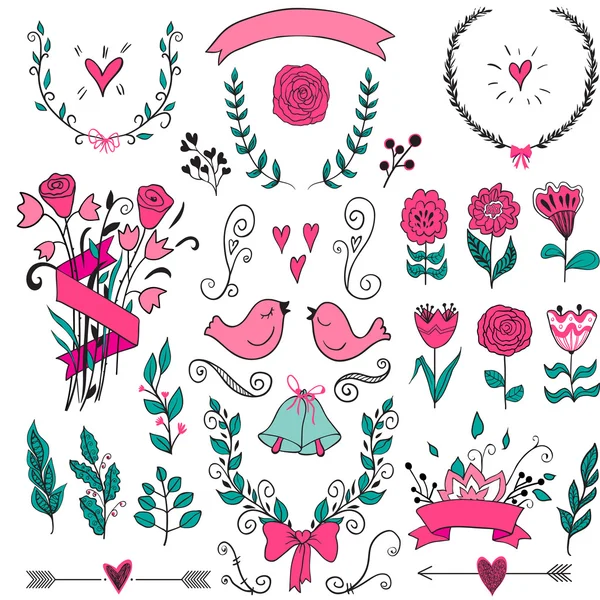 Romantic graphic set, arrows, hearts, birds, bells, rings, laurel, wreaths, ribbons and bows.