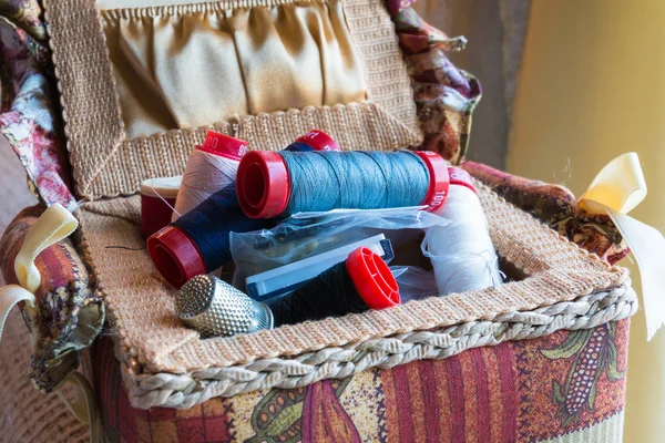 Open sewing textile box with needles and threads