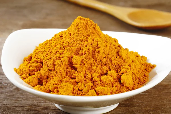 Turmeric powder in white dish on wooden background