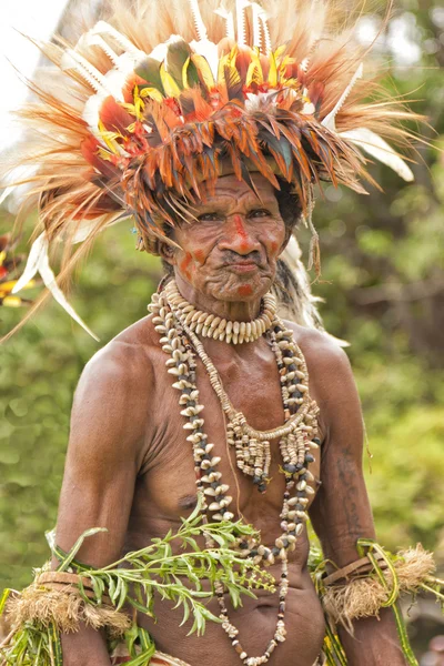 Young Papuan tribal warriors dressed in traditional grass skirts, bird feather head wear, seashell necklaces and jewelry, during traditional ritual dance in the local island village