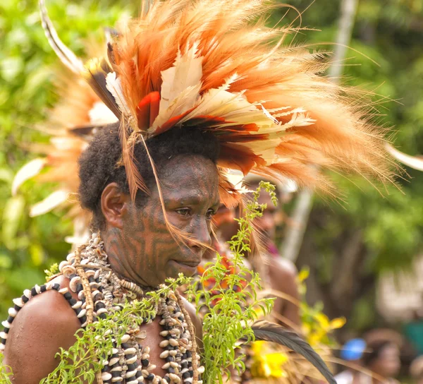 Young Papuan women with tribal face painting, dressed in traditional bird feather head wear