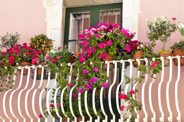 White metal balcony with floral display of colourful hanging plants, small olive, orange trees in an old stone building painted in pastel pink