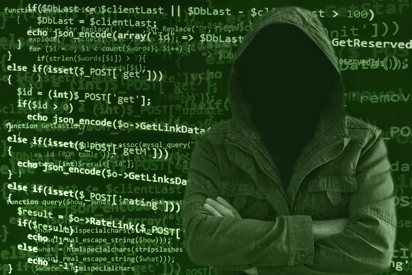 Hacker without face surrounded by programming code