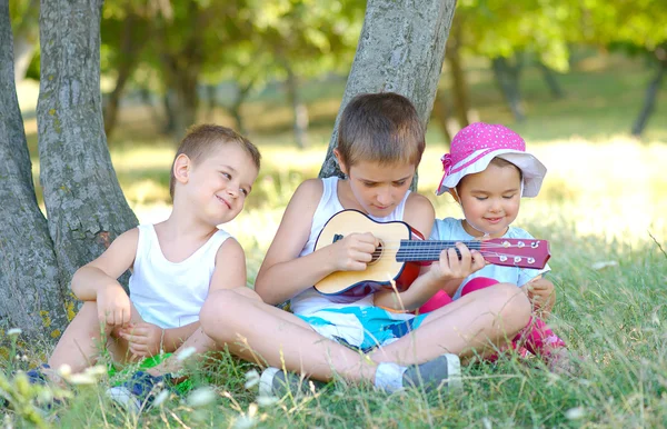 Brothers play guitar and sing in garden