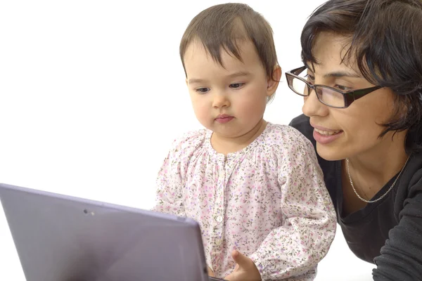 Mother and daughter child play with tablet pc isolated