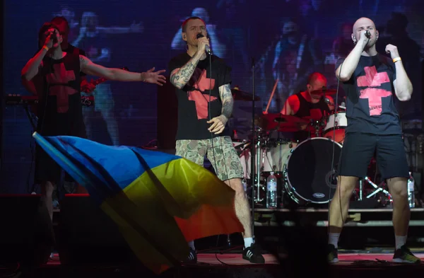 CHERKASSY, UKRAINE- JUNE 5, 2016: Sergey Mikhalok front man of punk rock band Brutto performs song during show in motofestival Tarasova Gora