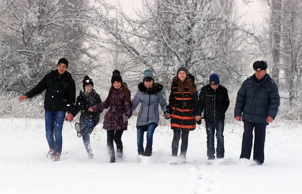 Group of happy people, having fun on snow day