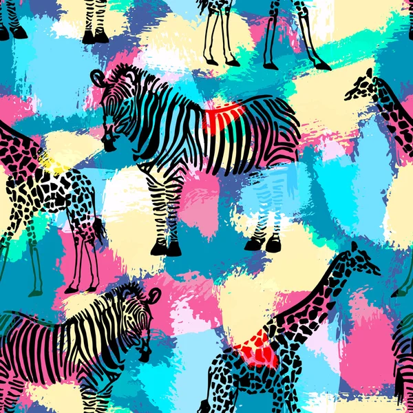 Hand drawn seamless pattern with zebra and giraffe.