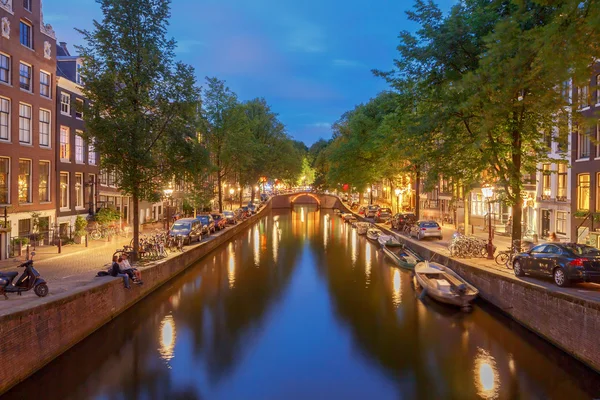 Amsterdam. Night view of the houses along the canal.