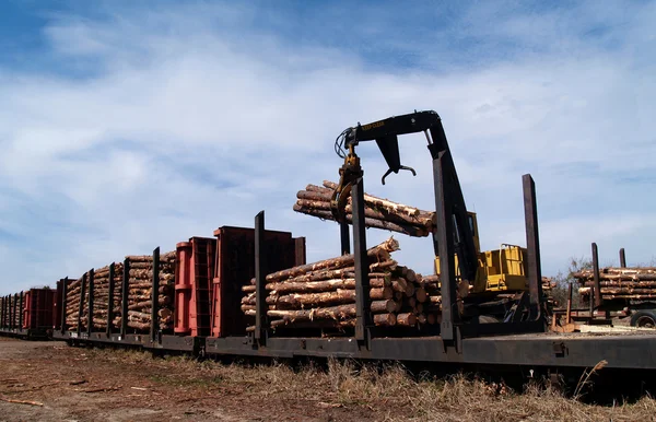 Crane loading cut logs on a railcar.