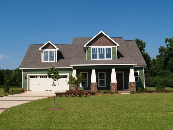 Two story residential home board siding on the facade.