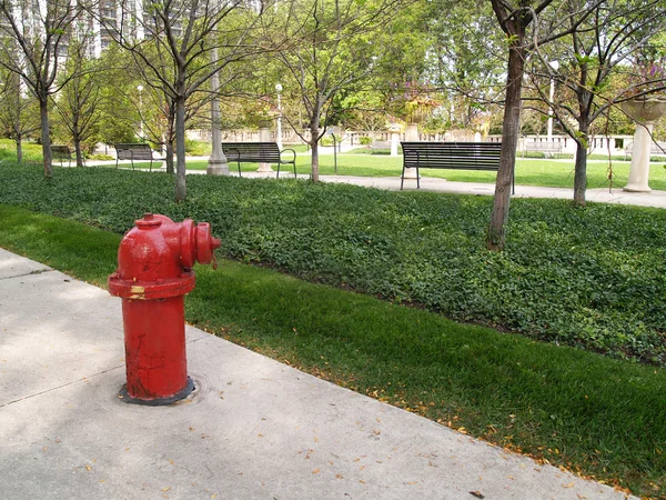 Red fire hydrant in a Chicago, Illinois, city park.