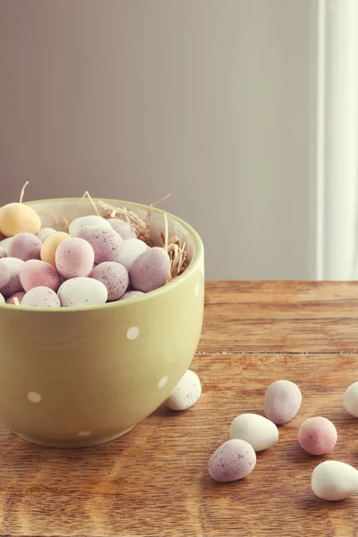 Chocolate mini eggs in a bowl