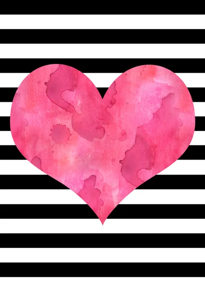 Pink watercolour heart black and white striped background