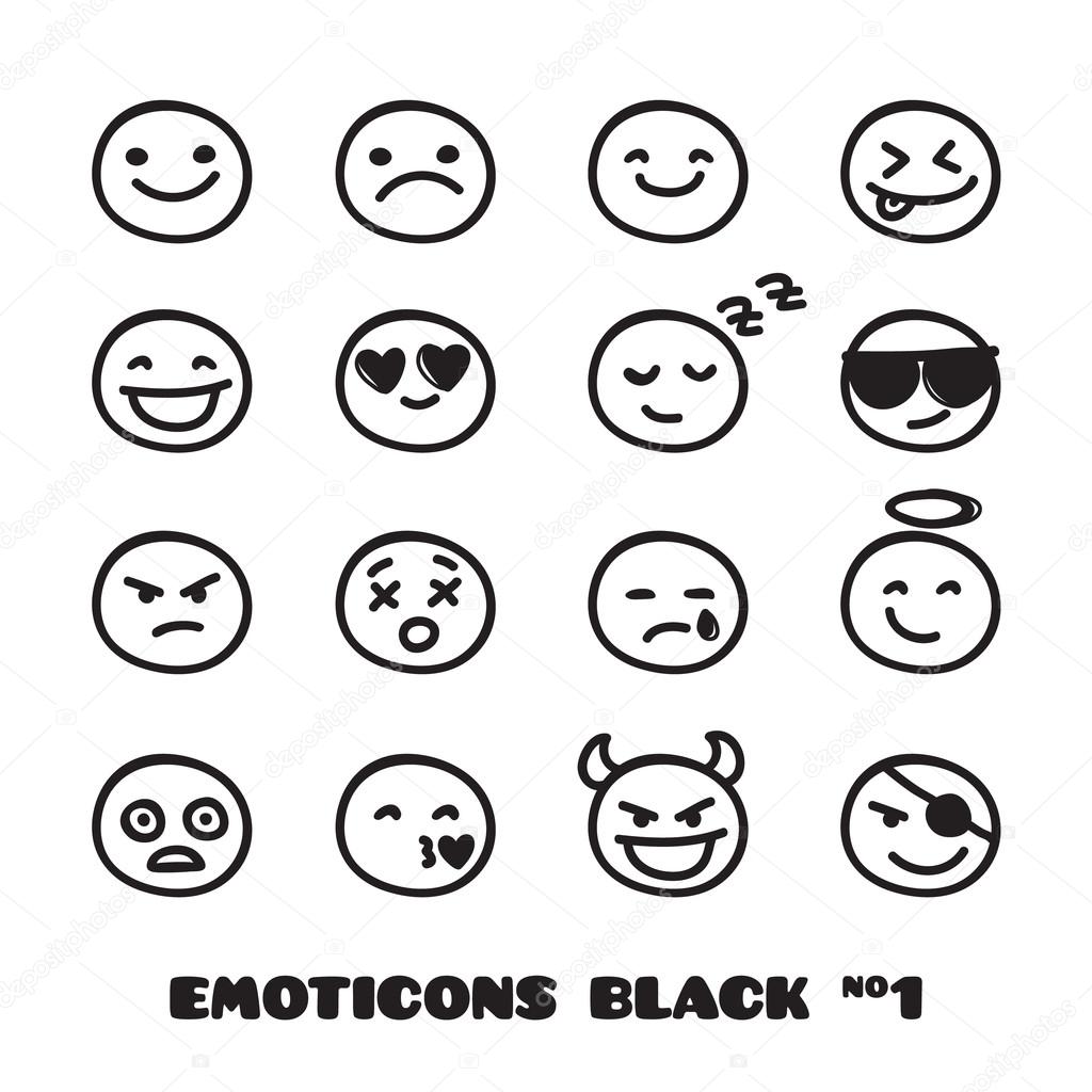 Vector cute doodle style emoticons collection. Black and white emoji set. Emotion icons. — Stock