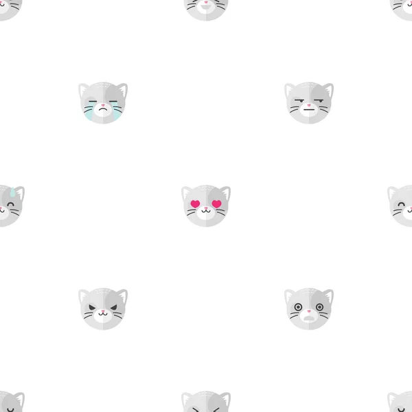 Vector flat cartoon cat heads with different emotions seamless pattern. Animal emoticons background.