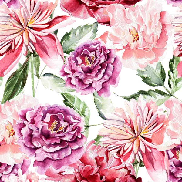 Seamless pattern with watercolor flowers.  Peonies.