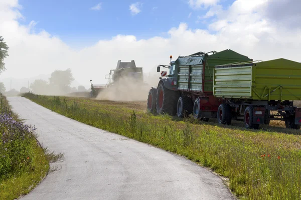 Tractor with two trailers and combine harvester harvesting next