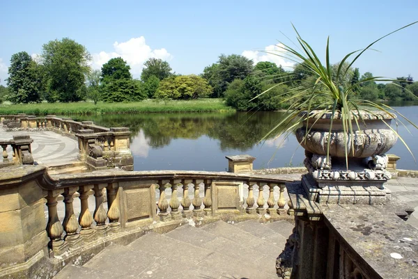 Patio at a lakeside, Hever castle, Kent, England