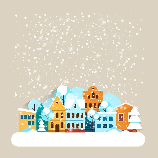 Card with city winter landscape with falling snow. Winter holidays landscape with snow covered city. Merry Christmas and Happy New Year greeting card. Vector Flat illustrations.